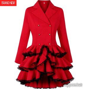 Vintage Steampunk Victorian Blazer Coat with Lace Hem, Double Breasted